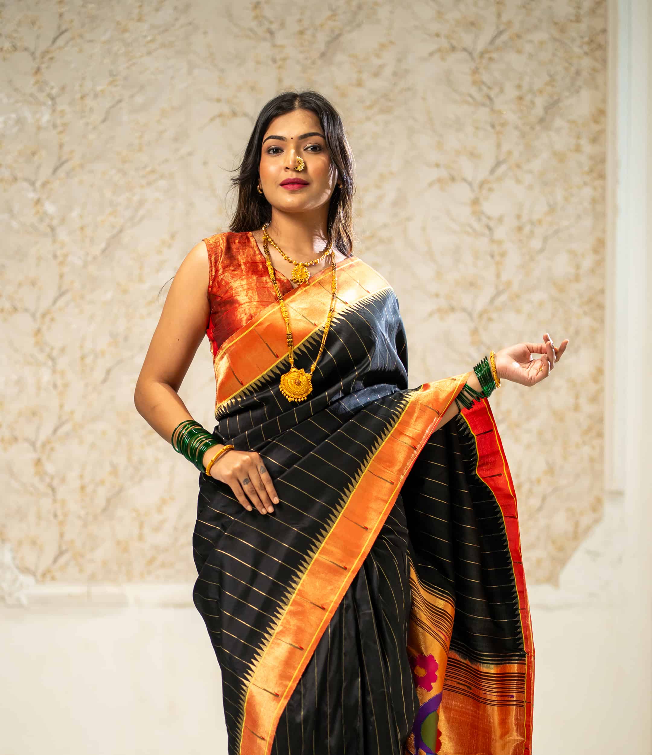 Handwoven Paithani saree from Yeola, Maharashtra — peacock motif with gold zari